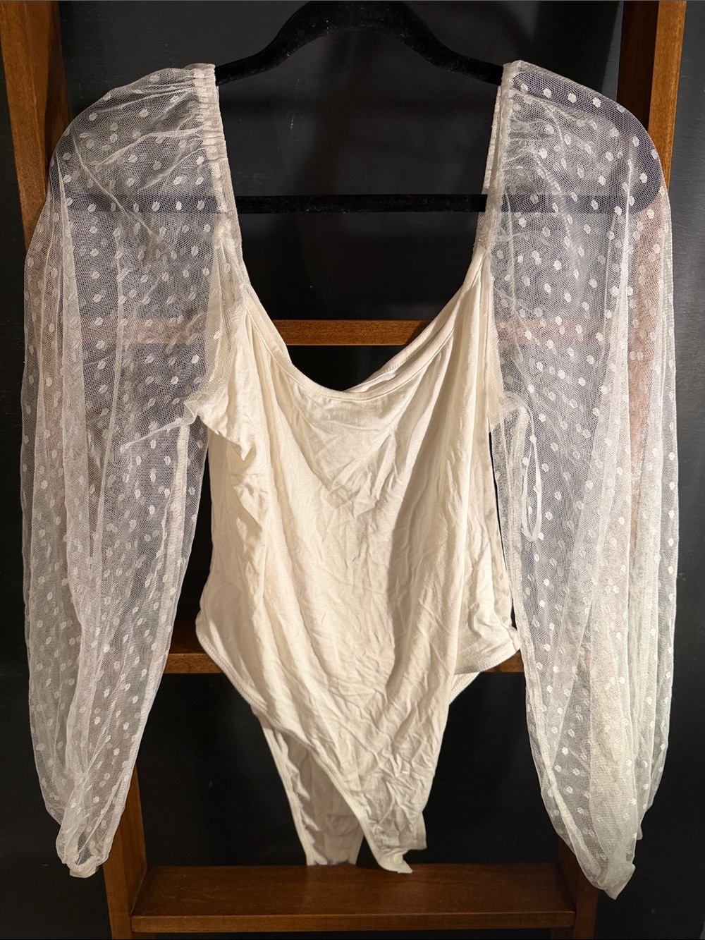 Ivory Sheer Dot Puff-Sleeve Bodysuit